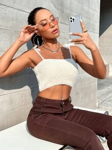 SHEIN Unity Tie Shoulder Fluffy Cami Knit Top - Beige - View 3