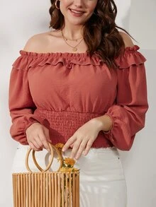 大碼一字肩荷葉邊燈籠袖打褶襯衫 - 乾枯玫瑰色 - 查看 5