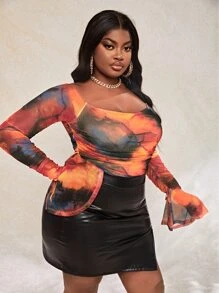 Slaydiva 大碼荷葉袖褶邊紮染網紗連身背心 - 彩色 - 查看 4