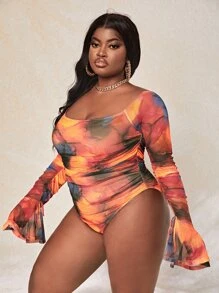 Slaydiva 大碼荷葉袖褶邊紮染網紗連身背心 - 彩色 - 查看 5