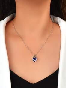 水鑽細節心形墜飾項鍊 - 銀色 - 查看 1