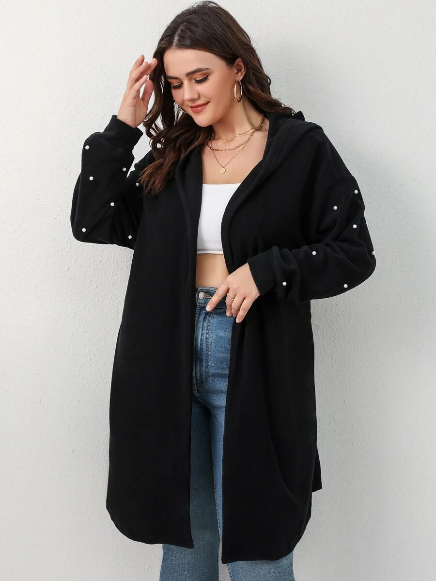 大碼珍珠串珠落肩袖連帽腰帶外套 - 黑色 - 查看 1