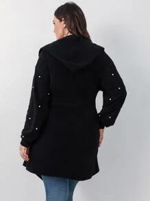 大碼珍珠串珠落肩袖連帽腰帶外套 - 黑色 - 查看 2