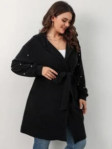 大碼珍珠串珠落肩袖連帽腰帶外套 - 黑色 - 查看 3