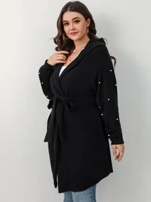 大碼珍珠串珠落肩袖連帽腰帶外套 - 黑色 - 查看 5