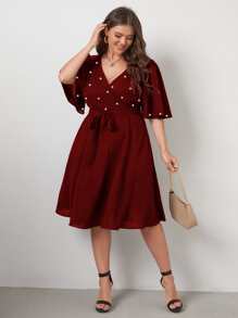 SHEIN Clasi Plus Pearls Beaded Surplice Neck Belted Dress - Maroon - View 1