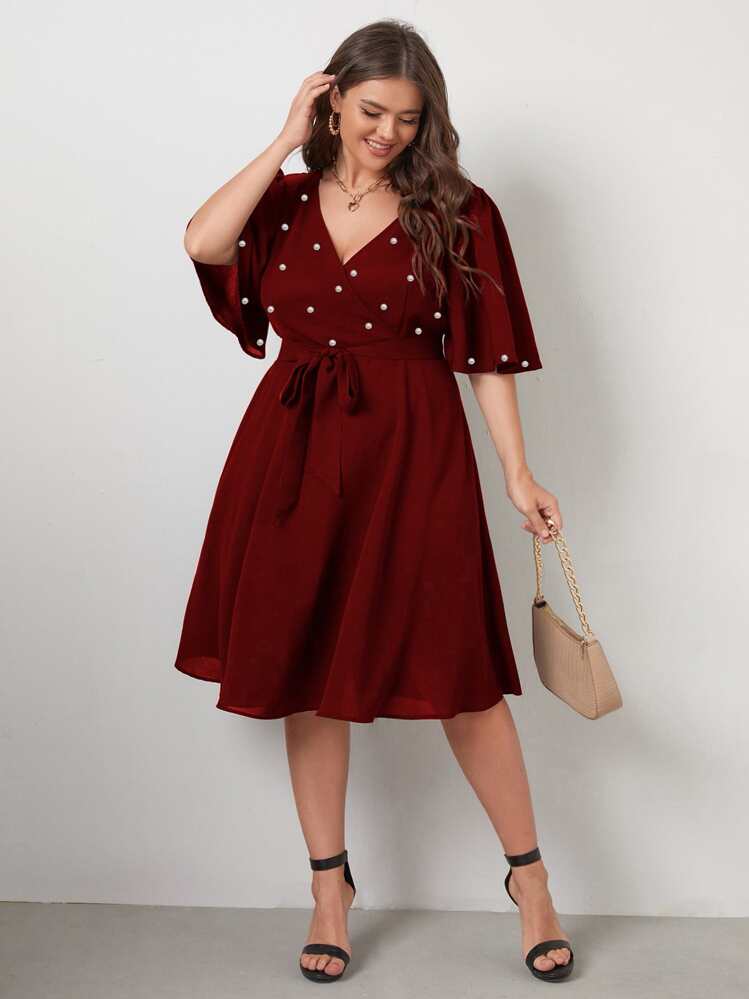 SHEIN Clasi Đầm Plus Size Thắt lưng Ngọc trai Trọn gói màu trơn Thanh lịch - Màu Tím - Xem 1