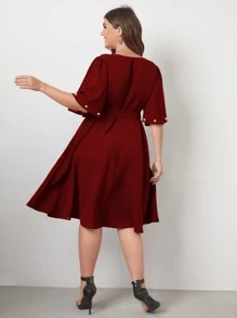 SHEIN Clasi Plus Pearls Beaded Surplice Neck Belted Dress - Maroon - View 2