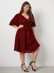 SHEIN Clasi Plus Pearls Beaded Surplice Neck Belted Dress - Maroon - View 3