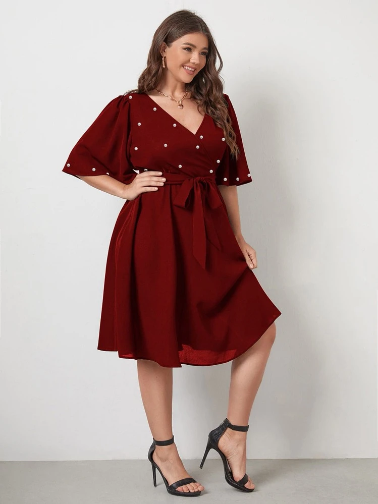 SHEIN Clasi Đầm Plus Size Thắt lưng Ngọc trai Trọn gói màu trơn Thanh lịch - Màu Tím - Xem 3