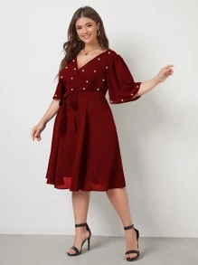 SHEIN Clasi Plus Pearls Beaded Surplice Neck Belted Dress - Maroon - View 4