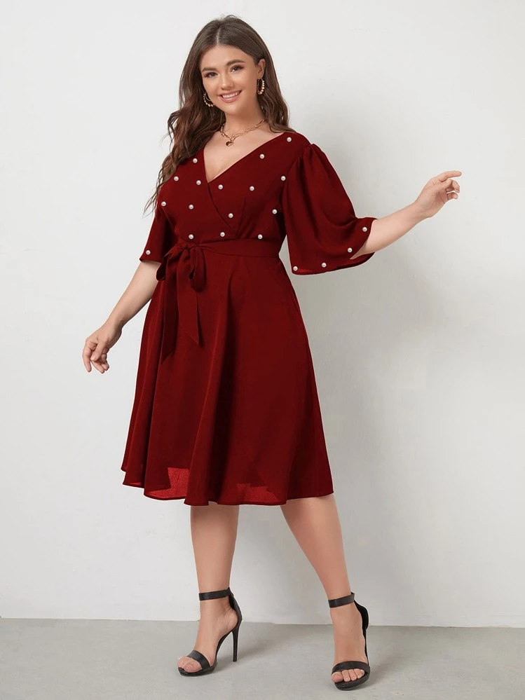 SHEIN Clasi Đầm Plus Size Thắt lưng Ngọc trai Trọn gói màu trơn Thanh lịch - Màu Tím - Xem 4