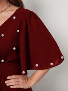 SHEIN Clasi Plus Pearls Beaded Surplice Neck Belted Dress - Maroon - View 5