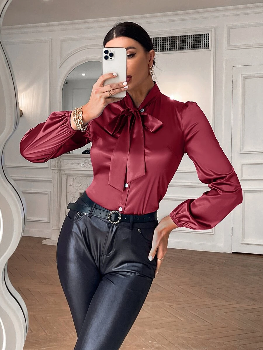 Tie Neck Puff Sleeve Satin Blouse - Burgundy - View 1