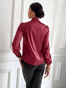Tie Neck Puff Sleeve Satin Blouse - Burgundy - View 2