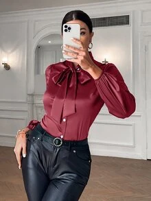 Tie Neck Puff Sleeve Satin Blouse - Burgundy - View 4