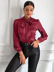 Tie Neck Puff Sleeve Satin Blouse - Burgundy - View 5
