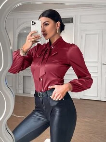 Tie Neck Puff Sleeve Satin Blouse - Burgundy - View 6