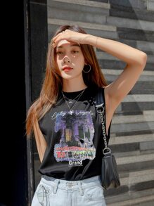 DAZY Letter & Graphic Print Tank Top