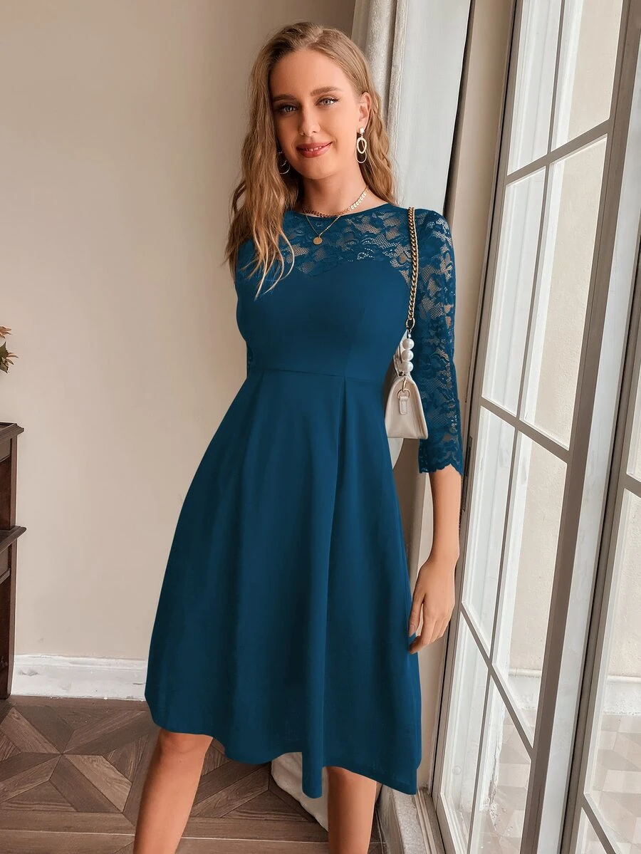 Đầm Tương phản ren màu trơn Thanh lịch - Màu xanh ngọc - Xem 1
