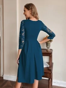 Đầm Tương phản ren màu trơn Thanh lịch - Màu xanh ngọc - Xem 2