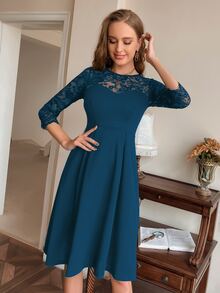 Đầm Tương phản ren màu trơn Thanh lịch - Màu xanh ngọc - Xem 3