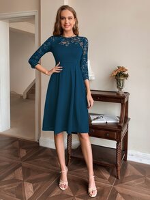 Đầm Tương phản ren màu trơn Thanh lịch - Màu xanh ngọc - Xem 4