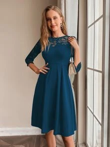 Đầm Tương phản ren màu trơn Thanh lịch - Màu xanh ngọc - Xem 5