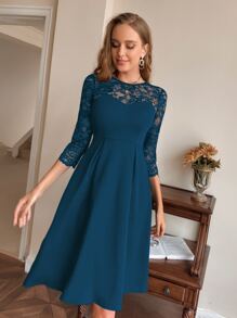 Đầm Tương phản ren màu trơn Thanh lịch - Màu xanh ngọc - Xem 6