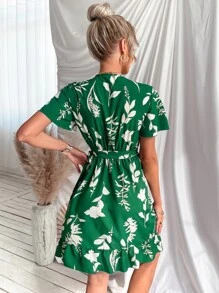 Random Floral Print Butterfly Sleeve Ruffle Trim Wrap Knot Side Dress - Green - View 2