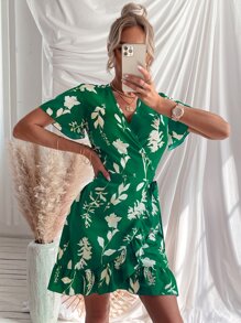 Random Floral Print Butterfly Sleeve Ruffle Trim Wrap Knot Side Dress - Green - View 4