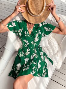 Random Floral Print Butterfly Sleeve Ruffle Trim Wrap Knot Side Dress - Green - View 6