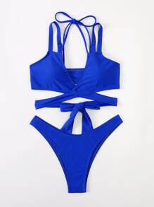 SHEIN Swim Bộ bikini quấn rắn đi biển mùa hè - Xanh đậm - Xem 3