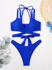 SHEIN Swim Bộ bikini quấn rắn đi biển mùa hè - Xanh đậm - Xem 5