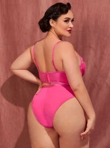 Plus Heart Embroidery Mesh Underwire Lingerie Set - Hot Pink - View 2