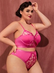 Plus Heart Embroidery Mesh Underwire Lingerie Set - Hot Pink - View 3