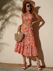 Bộ đồ hai mảnh nữ Bất đối xứng Viên lá sen Dải chun Hoa Tất cả trên in Boho - Nhiều màu - Xem 3