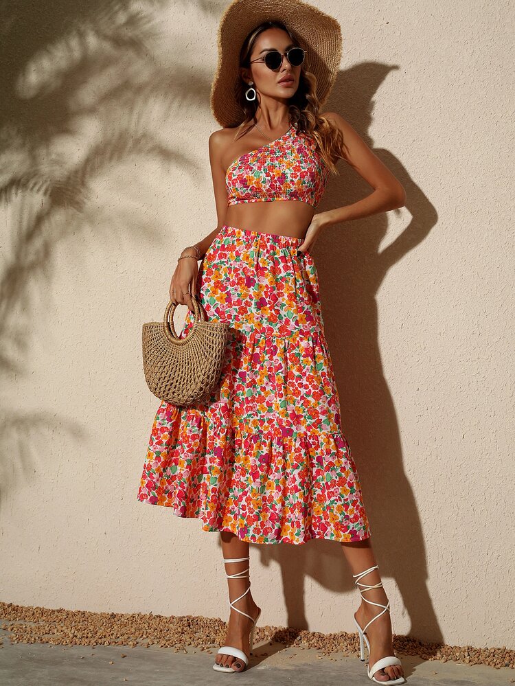 Bộ đồ hai mảnh nữ Bất đối xứng Viên lá sen Dải chun Hoa Tất cả trên in Boho - Nhiều màu - Xem 3