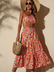 Bộ đồ hai mảnh nữ Bất đối xứng Viên lá sen Dải chun Hoa Tất cả trên in Boho - Nhiều màu - Xem 4