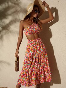 Bộ đồ hai mảnh nữ Bất đối xứng Viên lá sen Dải chun Hoa Tất cả trên in Boho - Nhiều màu - Xem 6