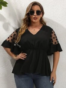 SHEIN Unity Áo sơ mi Plus Size Tương phản Mesh Viên lá sen Chấm bi Giải trí - màu đen - Xem 1