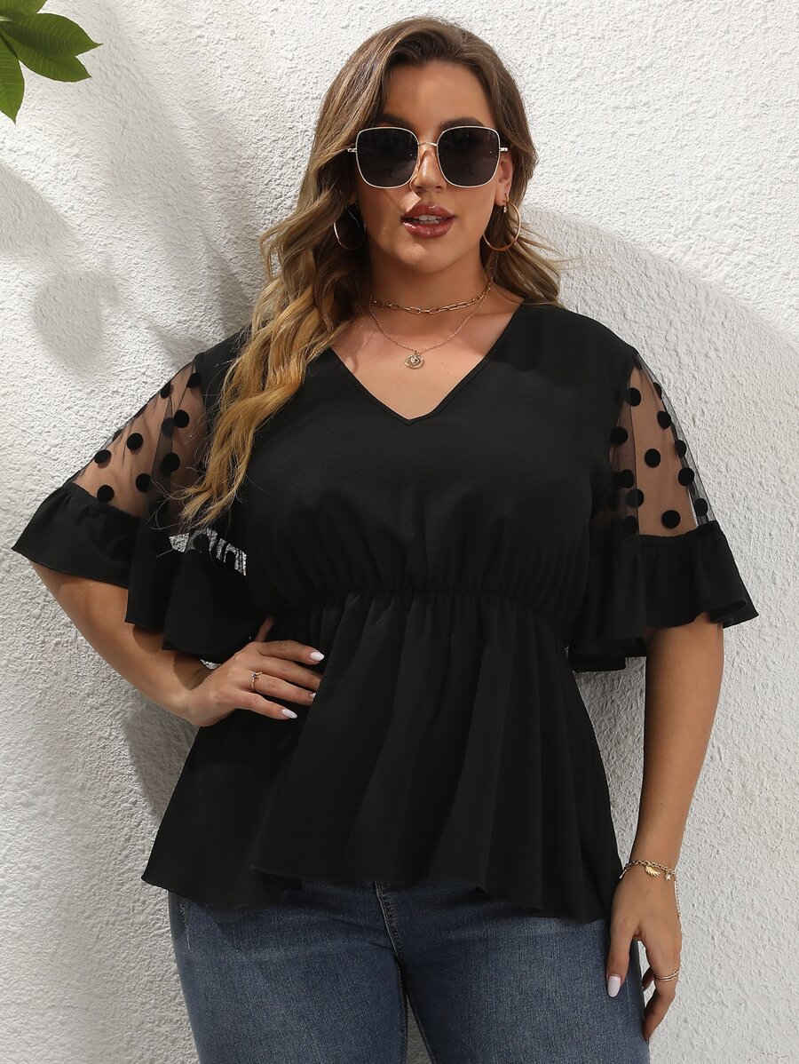 SHEIN Unity Áo sơ mi Plus Size Tương phản Mesh Viên lá sen Chấm bi Giải trí - màu đen - Xem 1