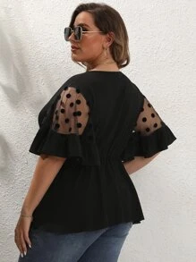 SHEIN Unity Áo sơ mi Plus Size Tương phản Mesh Viên lá sen Chấm bi Giải trí - màu đen - Xem 2