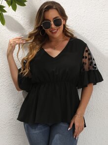SHEIN Unity Áo sơ mi Plus Size Tương phản Mesh Viên lá sen Chấm bi Giải trí - màu đen - Xem 3