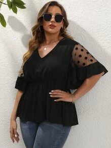 SHEIN Unity Áo sơ mi Plus Size Tương phản Mesh Viên lá sen Chấm bi Giải trí - màu đen - Xem 4