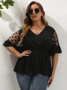 SHEIN Unity Áo sơ mi Plus Size Tương phản Mesh Viên lá sen Chấm bi Giải trí - màu đen - Xem 5