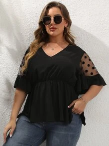 SHEIN Unity Áo sơ mi Plus Size Tương phản Mesh Viên lá sen Chấm bi Giải trí - màu đen - Xem 6
