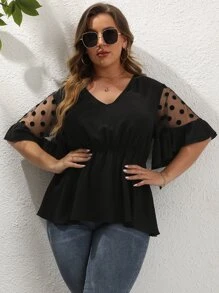 SHEIN Unity Áo sơ mi Plus Size Tương phản Mesh Viên lá sen Chấm bi Giải trí - màu đen - Xem 7