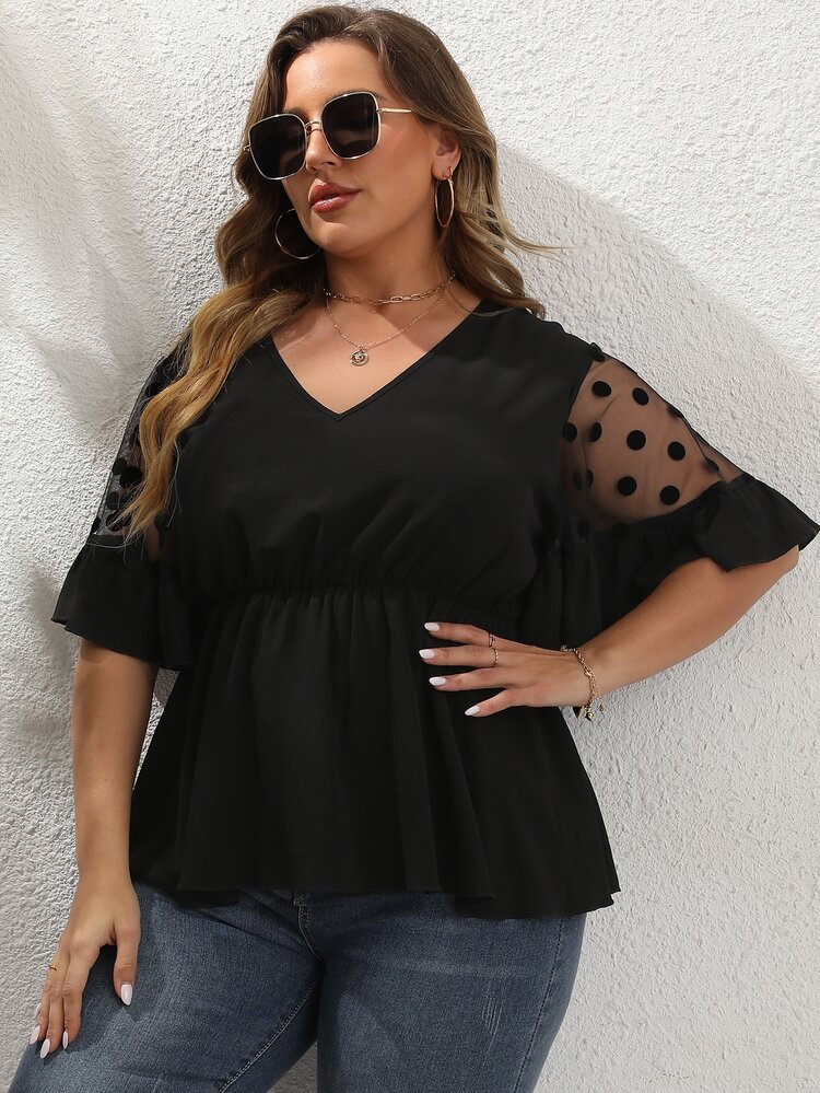 SHEIN Unity Áo sơ mi Plus Size Tương phản Mesh Viên lá sen Chấm bi Giải trí - màu đen - Xem 8