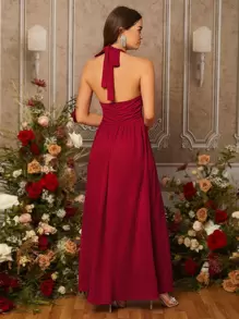 SHEIN Belle Burgundy Red Backless Split Thigh Cut Out Halter Formal Bridesmaid Dress - Burgundy - View 2